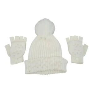 White Knit hat with Super Pom and Faux Pearl Accents Hat and Fingerles Glove set